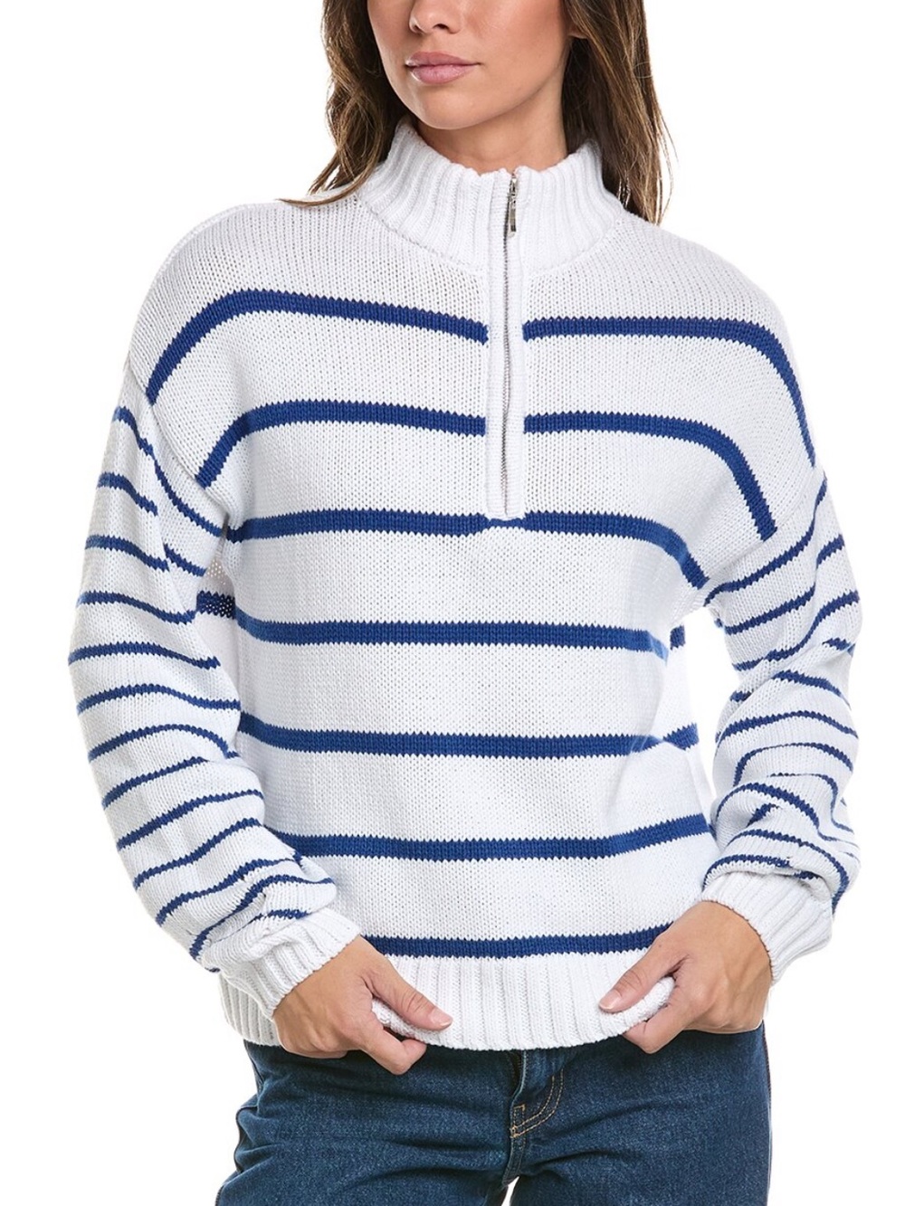 Splendid White and Blue Striped Half-Zip Turtleneck Sweater
